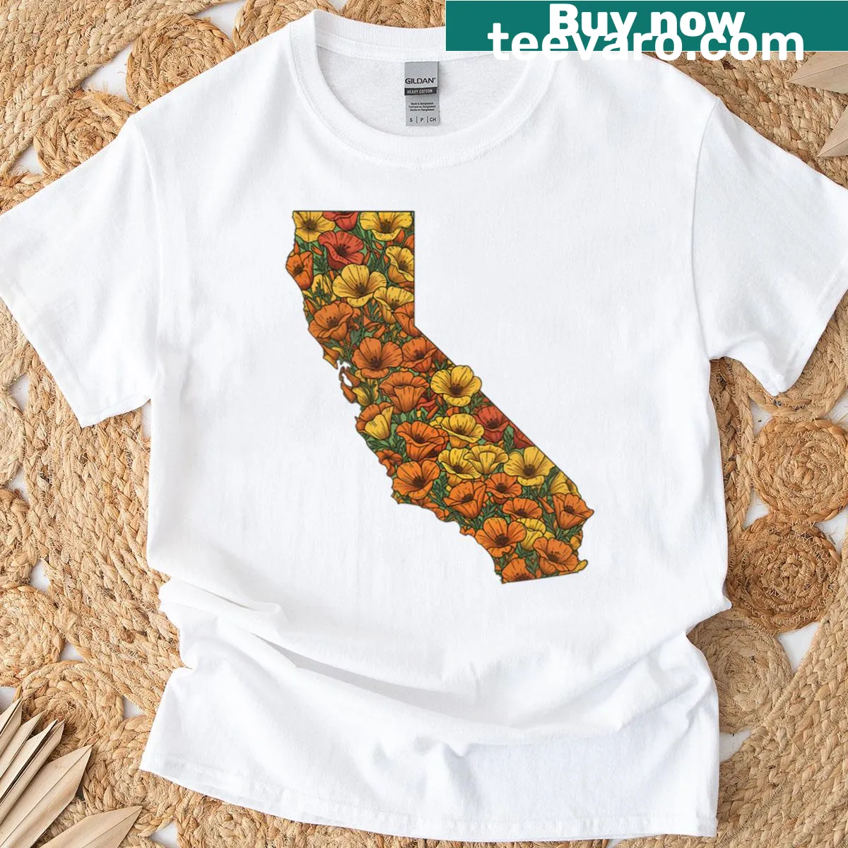 Vintage illustrated California poppy map on a stylish t-shirt — on a men's t-shirt