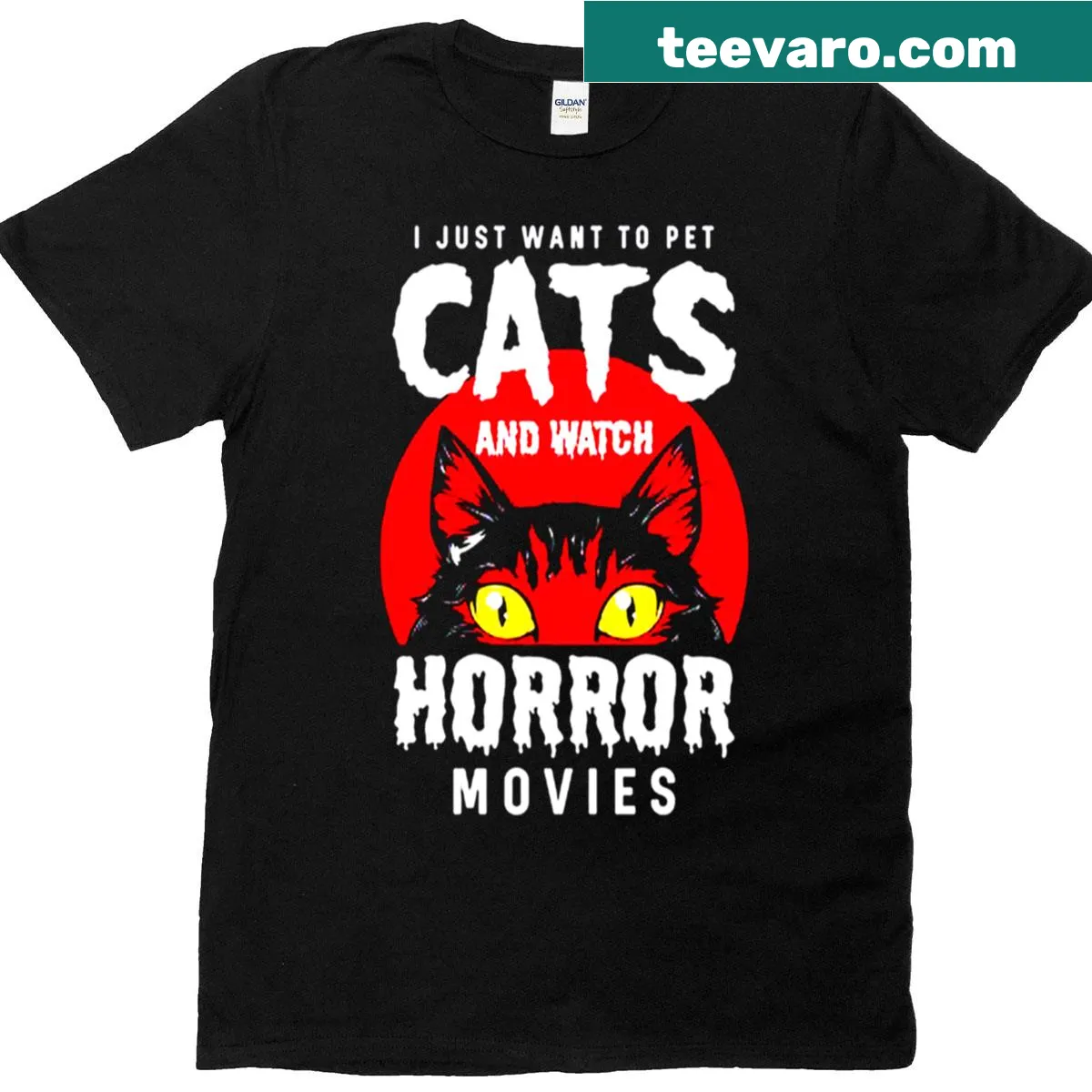 T-shirt featuring cats and horror movie themes in an anime style — on a men's t-shirt
