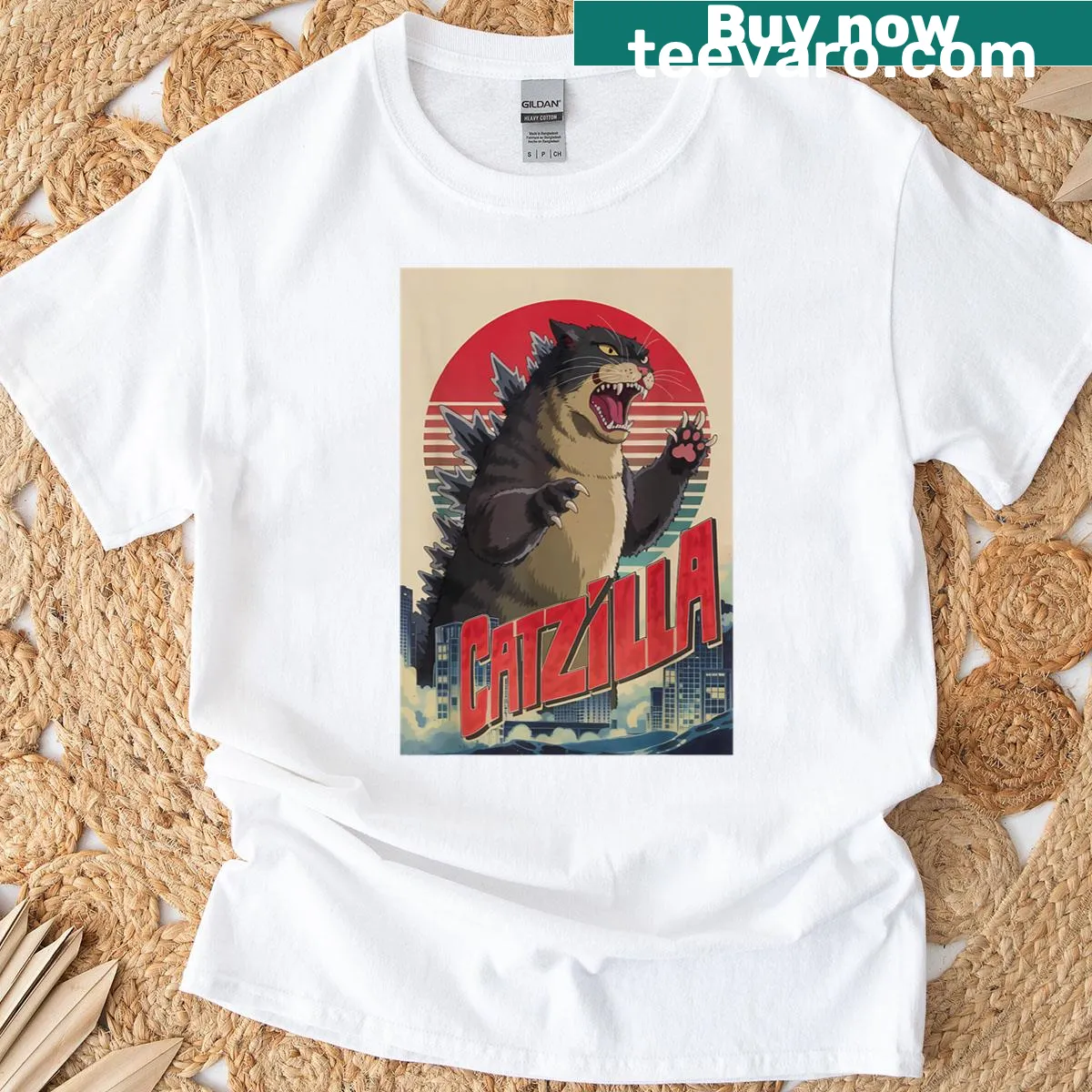 Funny cartoon T-shirt design featuring a monster cat in a retro style — on a men's t-shirt