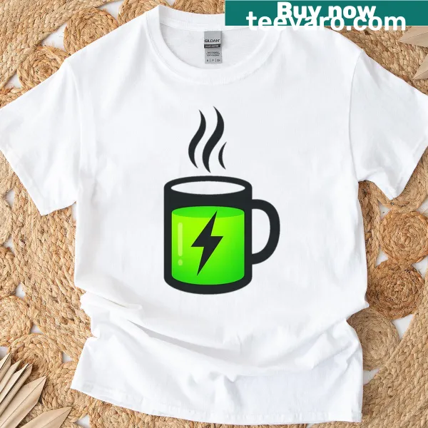 Illustration of a coffee battery graphic on a casual T-shirt