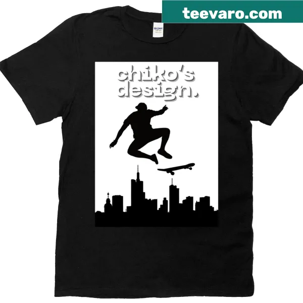 Illustrated skateboarder mid-trick on a Chikos Design T-shirt
