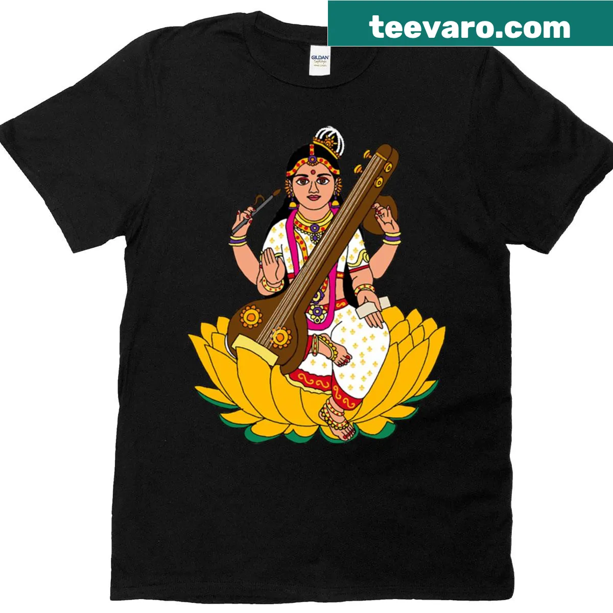 Illustration of Saraswati, the goddess of wisdom on a t-shirt — on a men's t-shirt