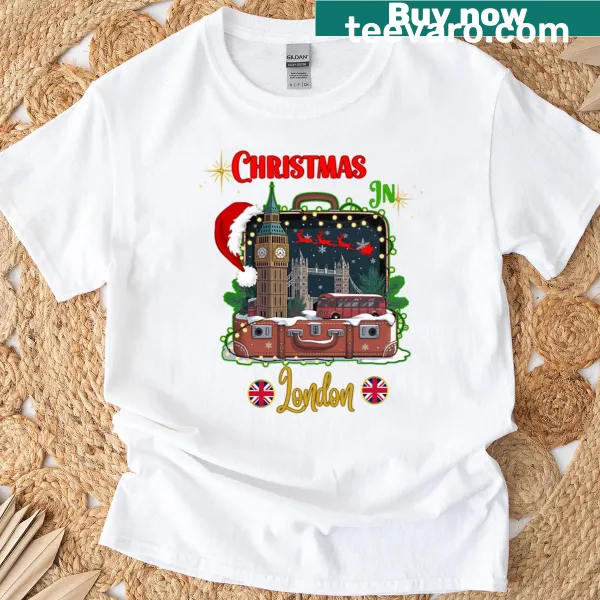Christmas T-shirt with London skyline, Big Ben, and red phone booth