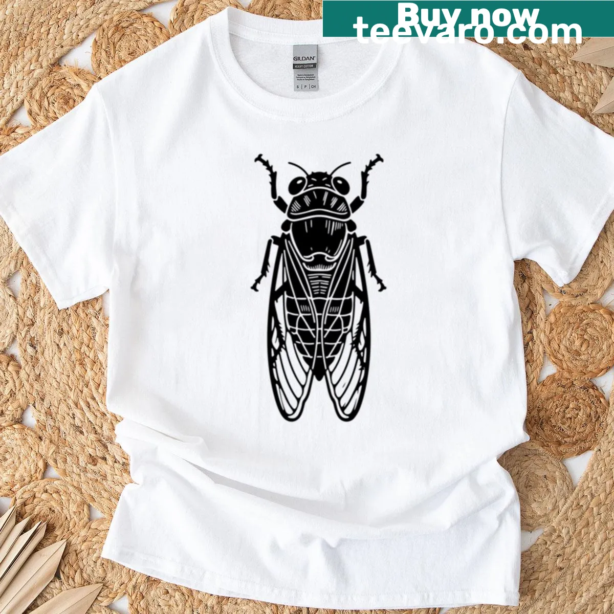 Minimalist cicada silhouette T-shirt design — on a men's t-shirt