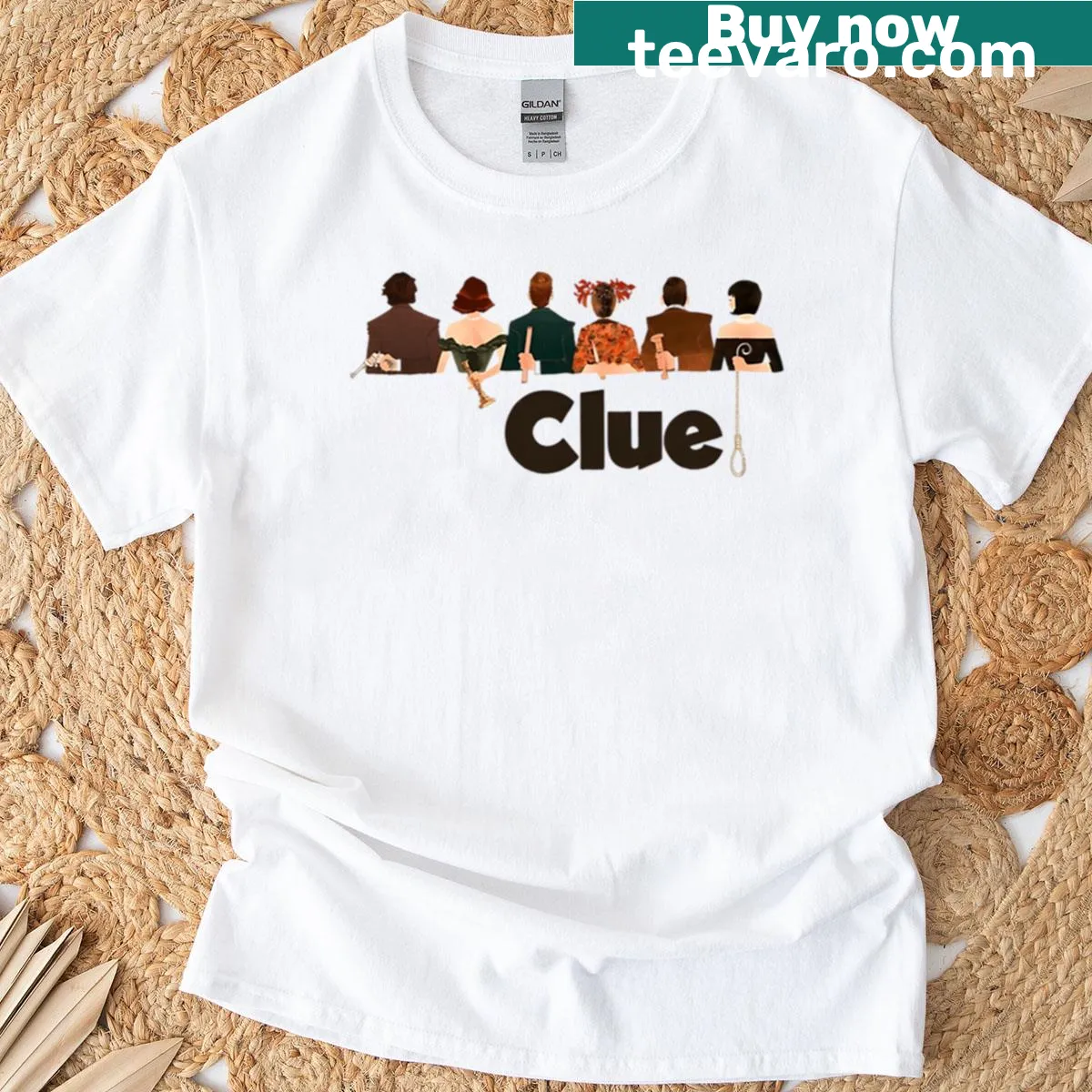 Clue movie t-shirt with iconic mystery graphics — on a men's t-shirt