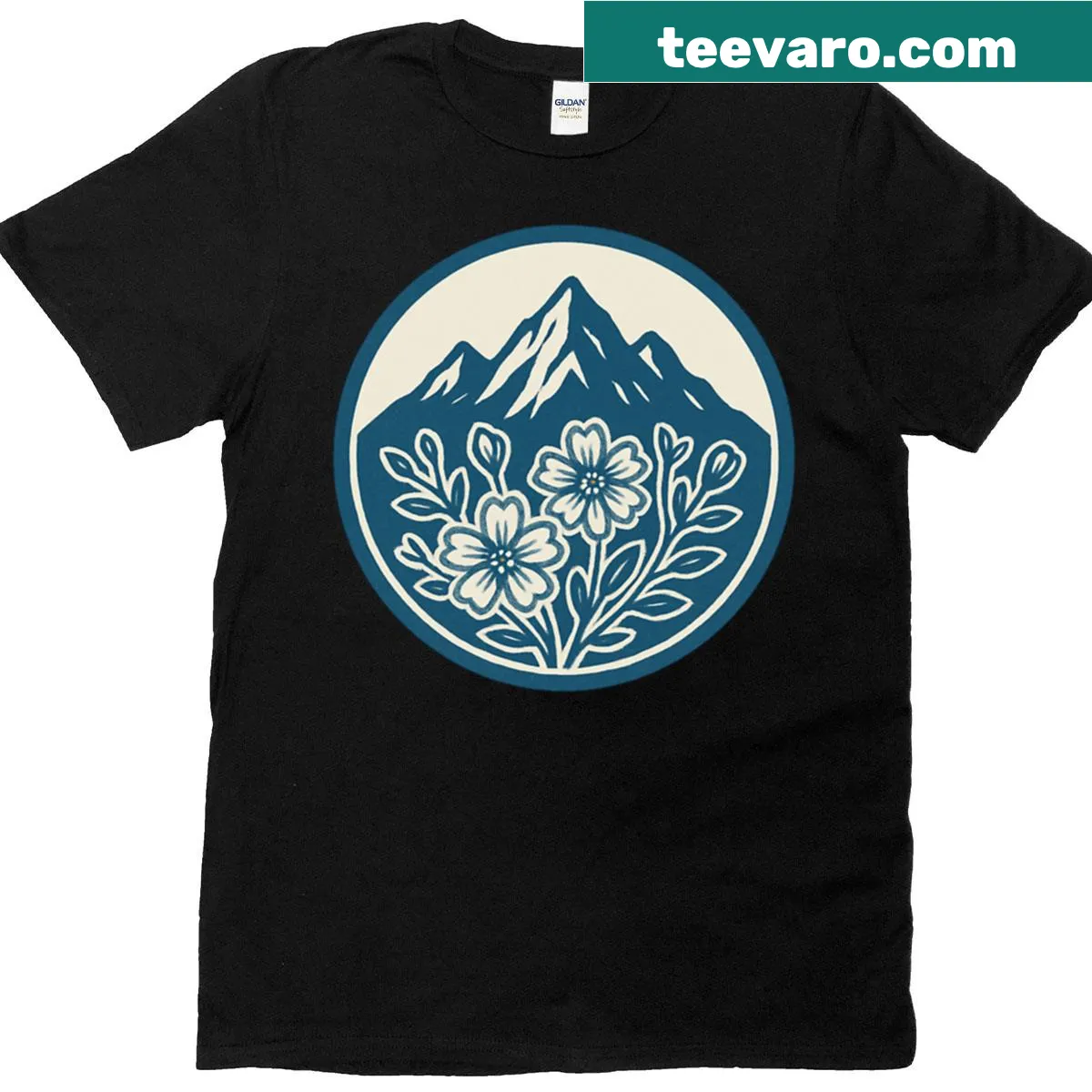 T-shirt with a logo featuring alpine wildflowers and mountain design — on a men's t-shirt