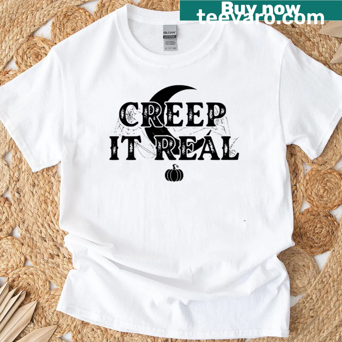 Funny typography Halloween t-shirt with moon and spiderweb elements — on a men's t-shirt