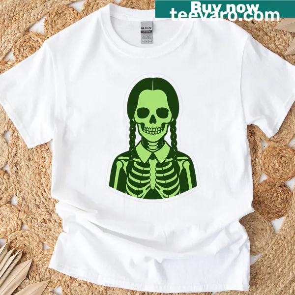 Cartoon skeleton graphic on a creepy girl t-shirt
