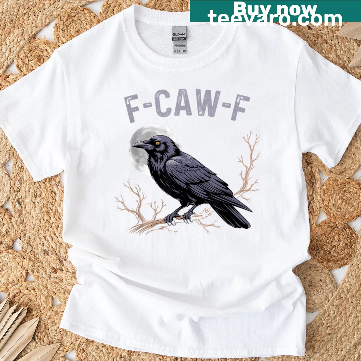 Sarcastic crow graphic T-shirt with 'Fcawf' text — on a men's t-shirt