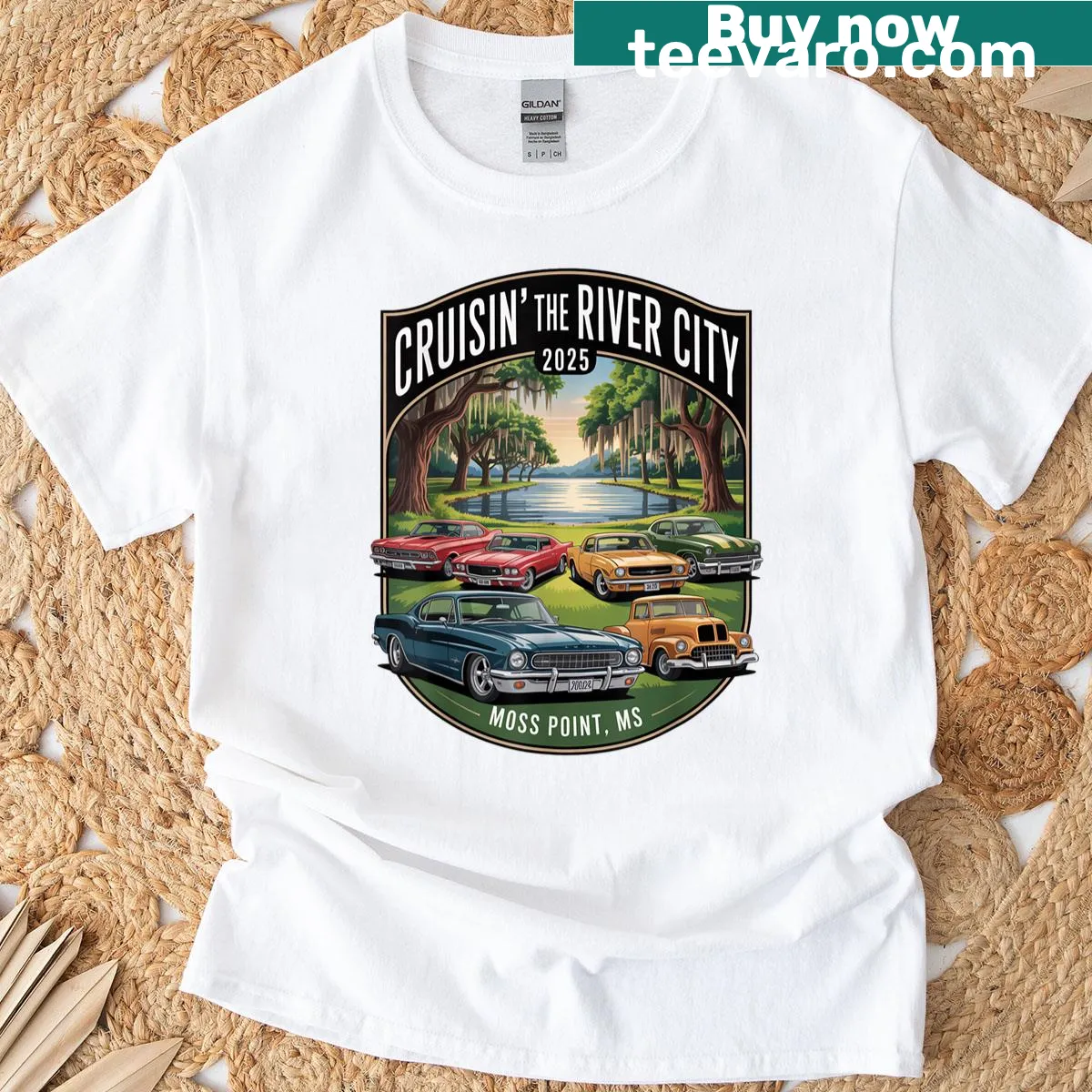 Illustration T-shirt celebrating River City Moss Point with car design — on a men's t-shirt