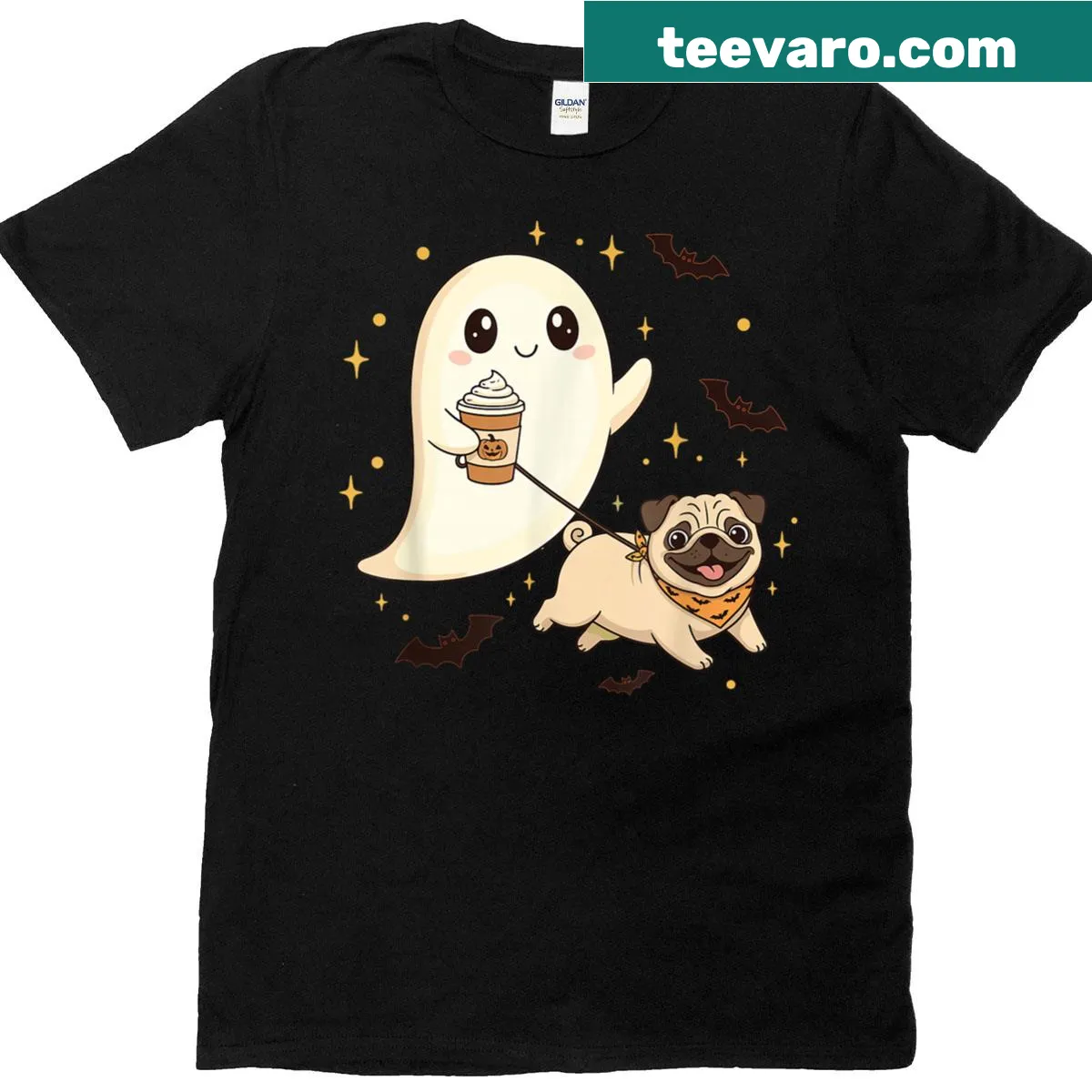 Whimsical ghost walking a pug with a coffee cup, Halloween themed — on a men's t-shirt