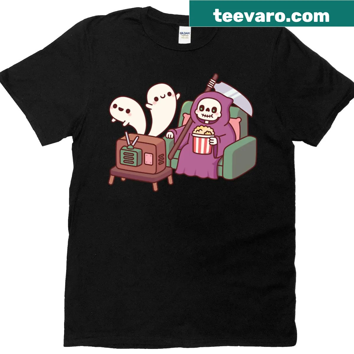 Cartoon grim reaper with popcorn and flying ghosts on T-shirt — on a men's t-shirt