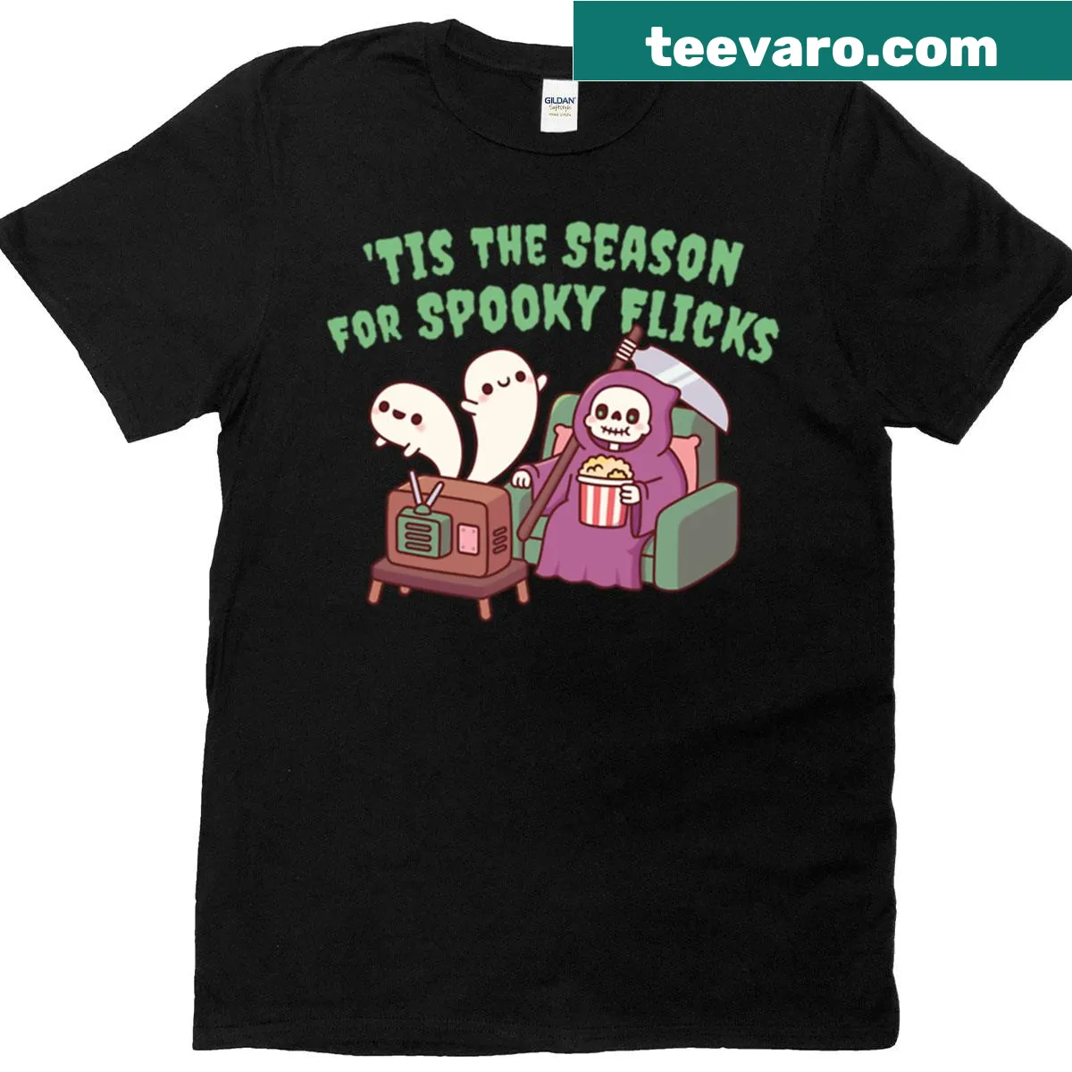 Cute Grim Reaper holding popcorn, Halloween movie theme — on a men's t-shirt