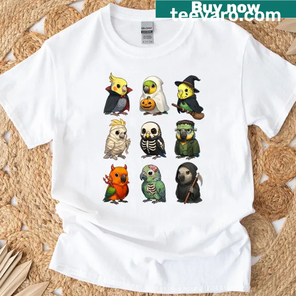 Halloween T-shirt with cute parrot birds as witches and zombies