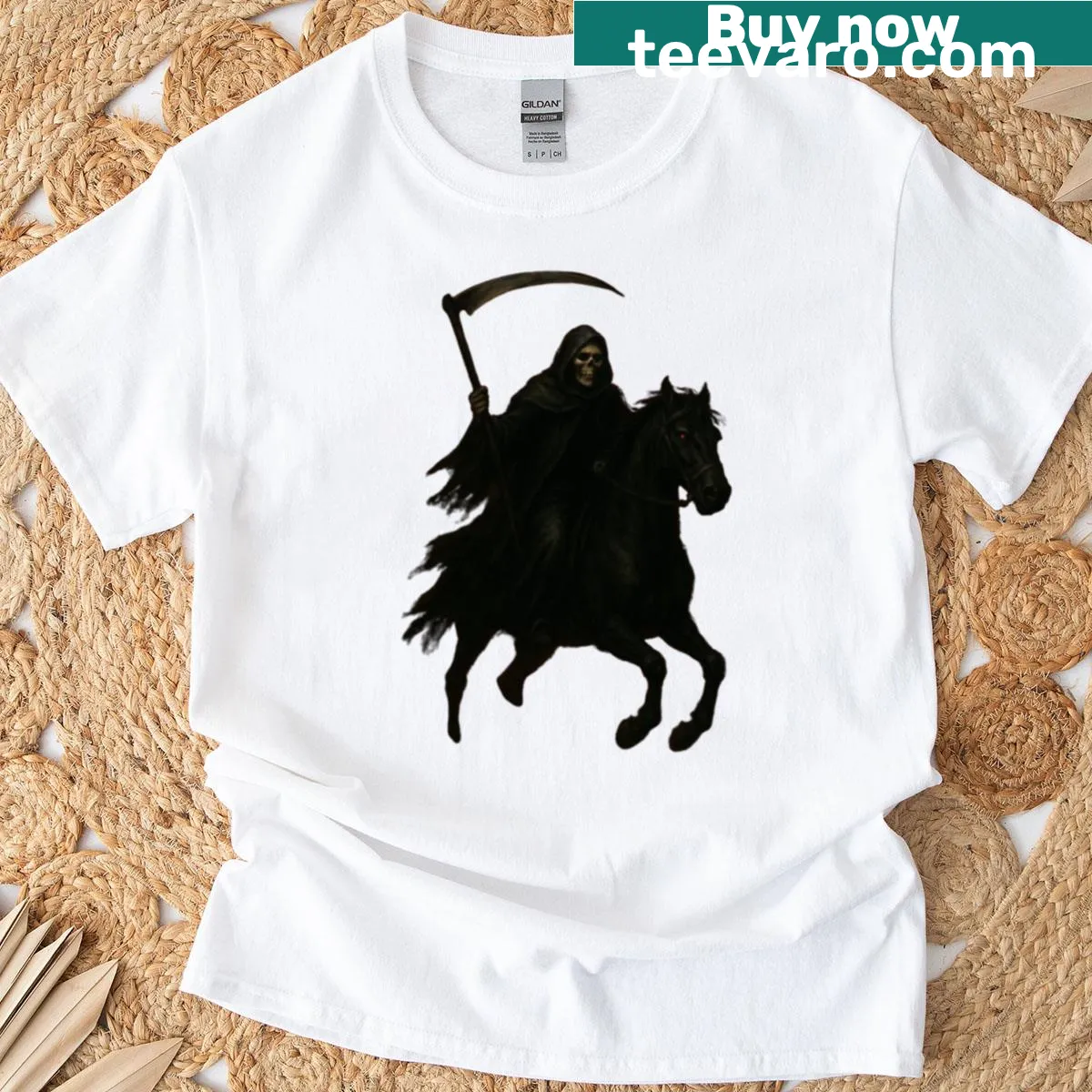 Graphic T-shirt featuring death riding a black horse — on a men's t-shirt
