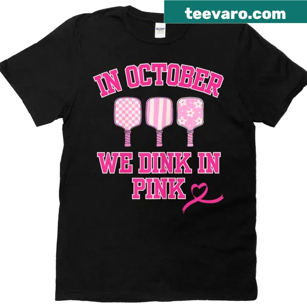 Illustrated pickleball shirt featuring a pink ribbon and sport graphics