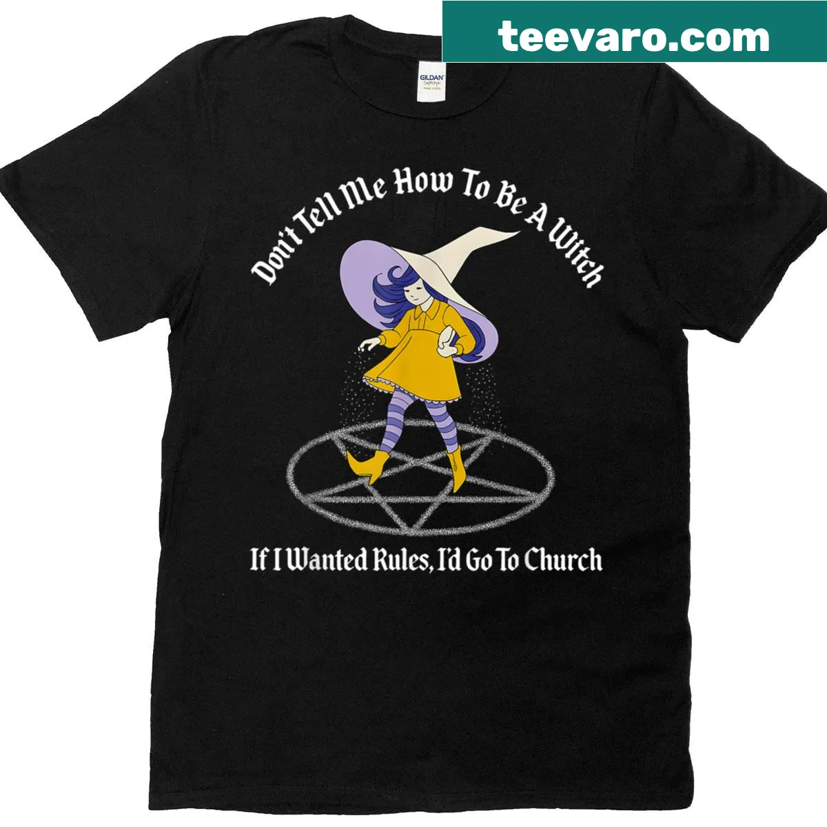 Edgy typography t-shirt with a witch-themed empowerment message — on a men's t-shirt