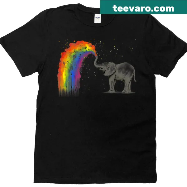 Cartoon elephant spraying a rainbow on a playful t-shirt