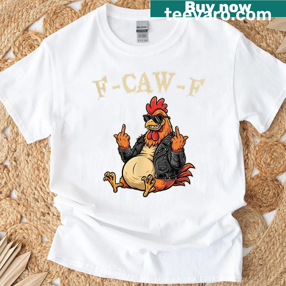 Funny Halloween chicken design with F-caw-f text. — on a men's t-shirt