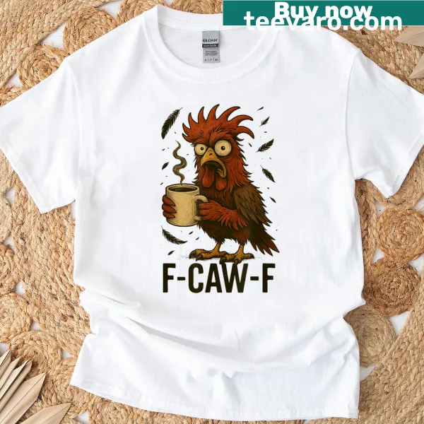 Cartoon t-shirt of a grumpy rooster holding a coffee cup