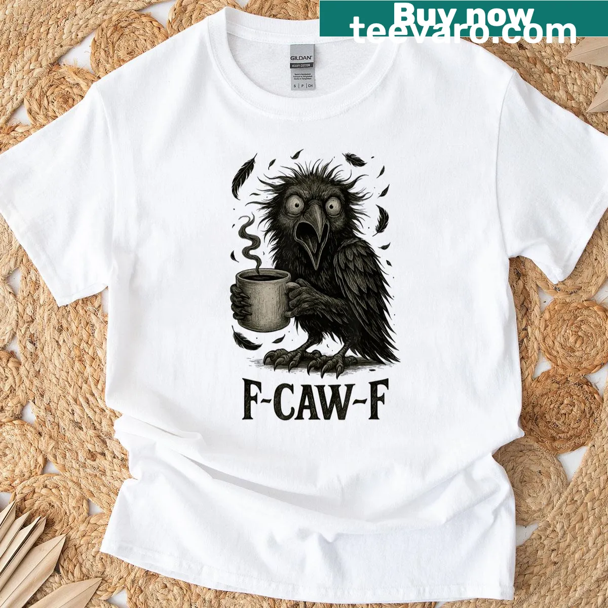 Vintage black crow t-shirt featuring a tired bird with coffee — on a men's t-shirt