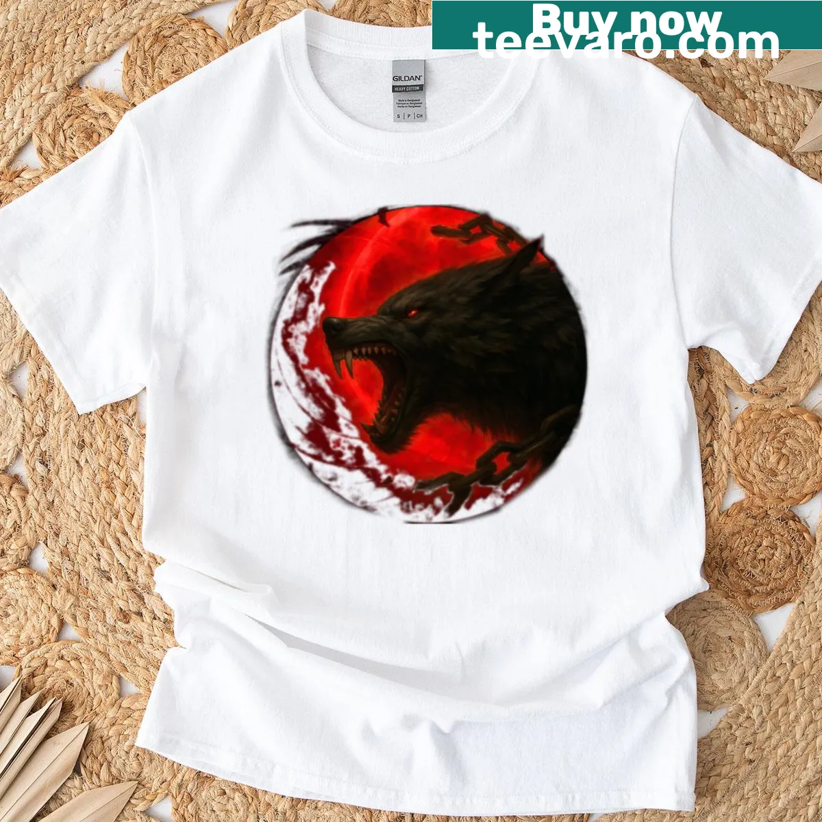 Fenrir illustration in circular design on mythological T-shirt — on a men's t-shirt