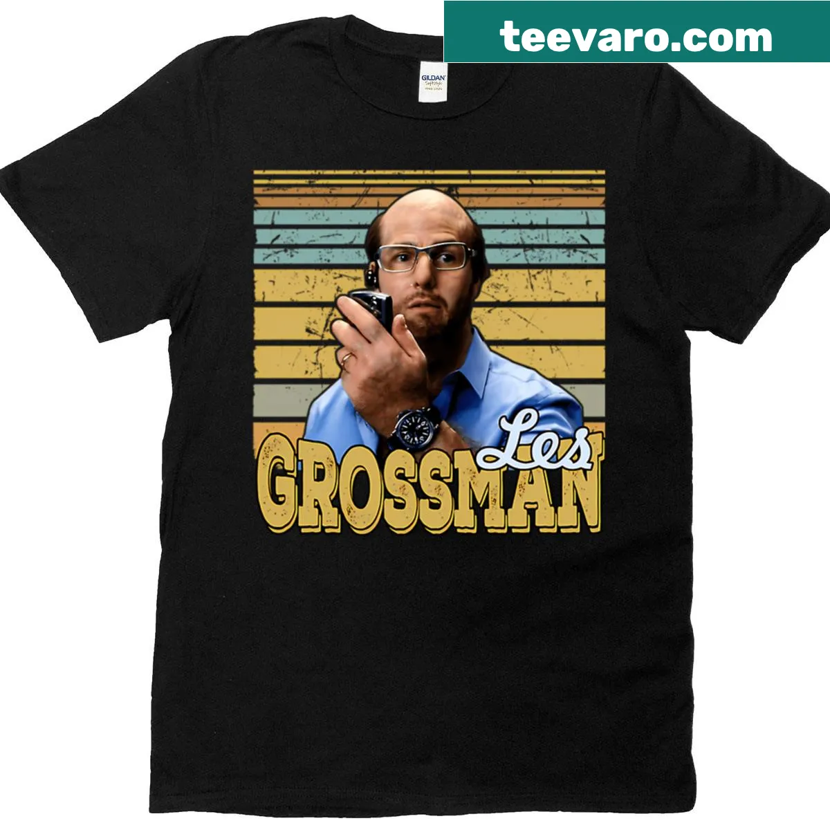Humorous film-themed T-shirt featuring action and satire text design — on a men's t-shirt