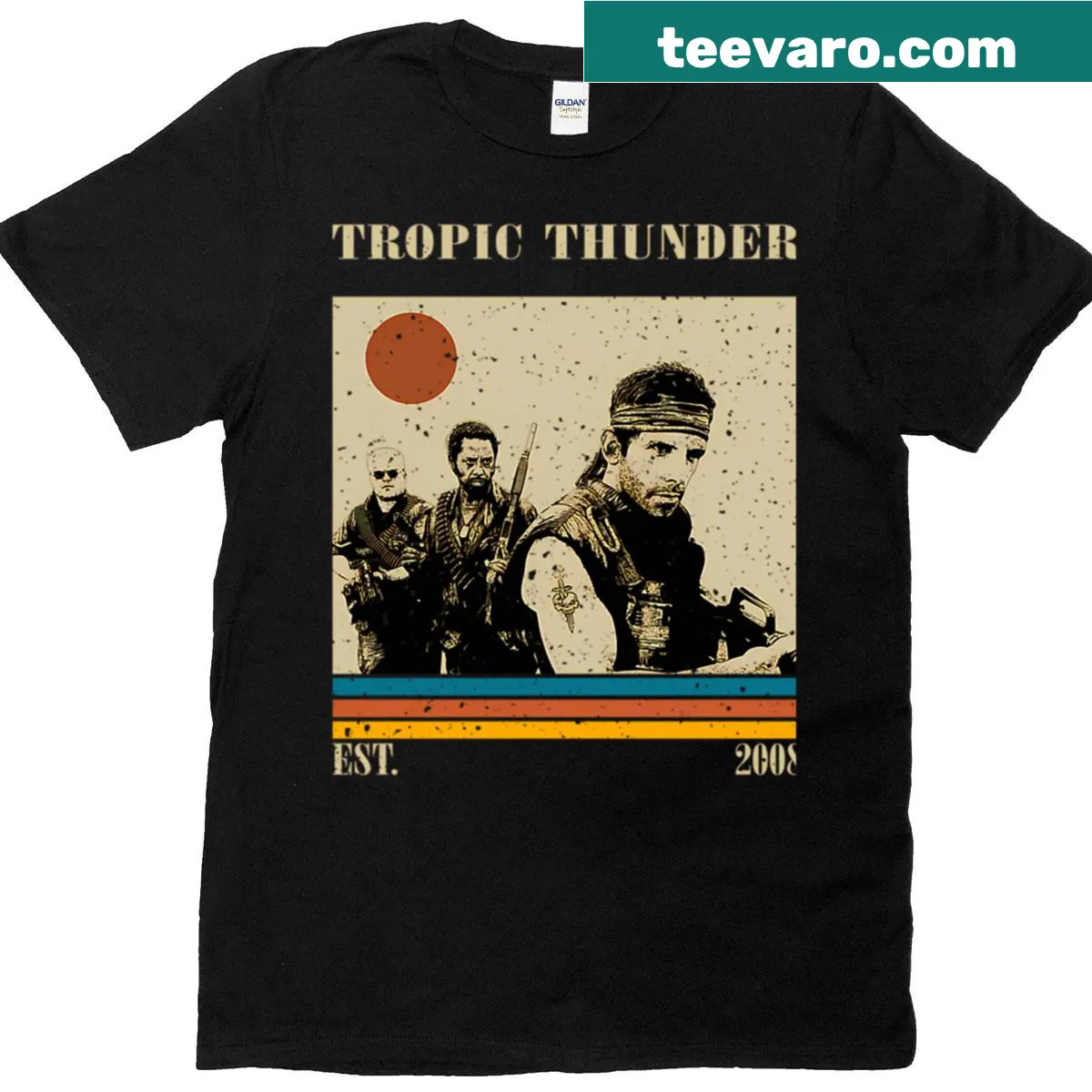 Satirical T-shirt featuring humorous movie tropes — on a men's t-shirt