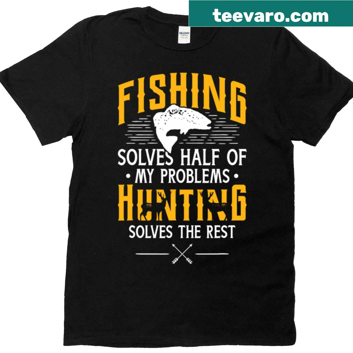 Funny vintage-style t-shirt with hunting and fishing slogan — on a men's t-shirt
