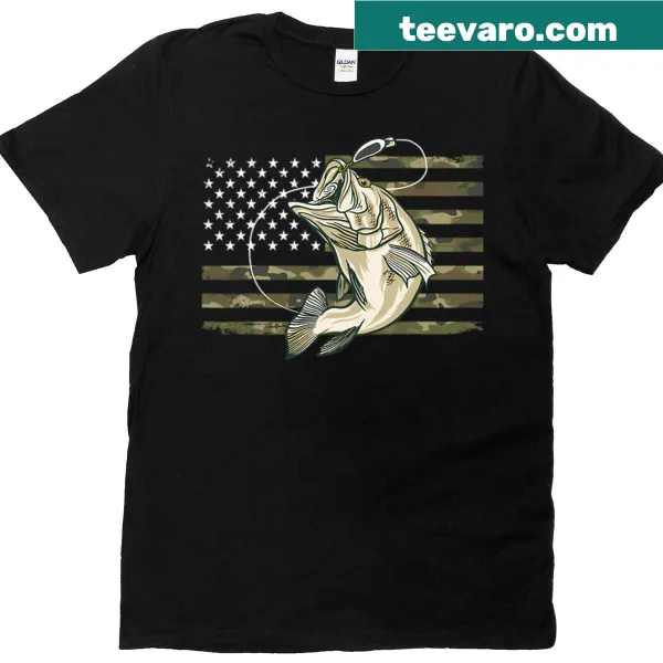 Fishing-themed T-shirt with camouflage and bass fish design
