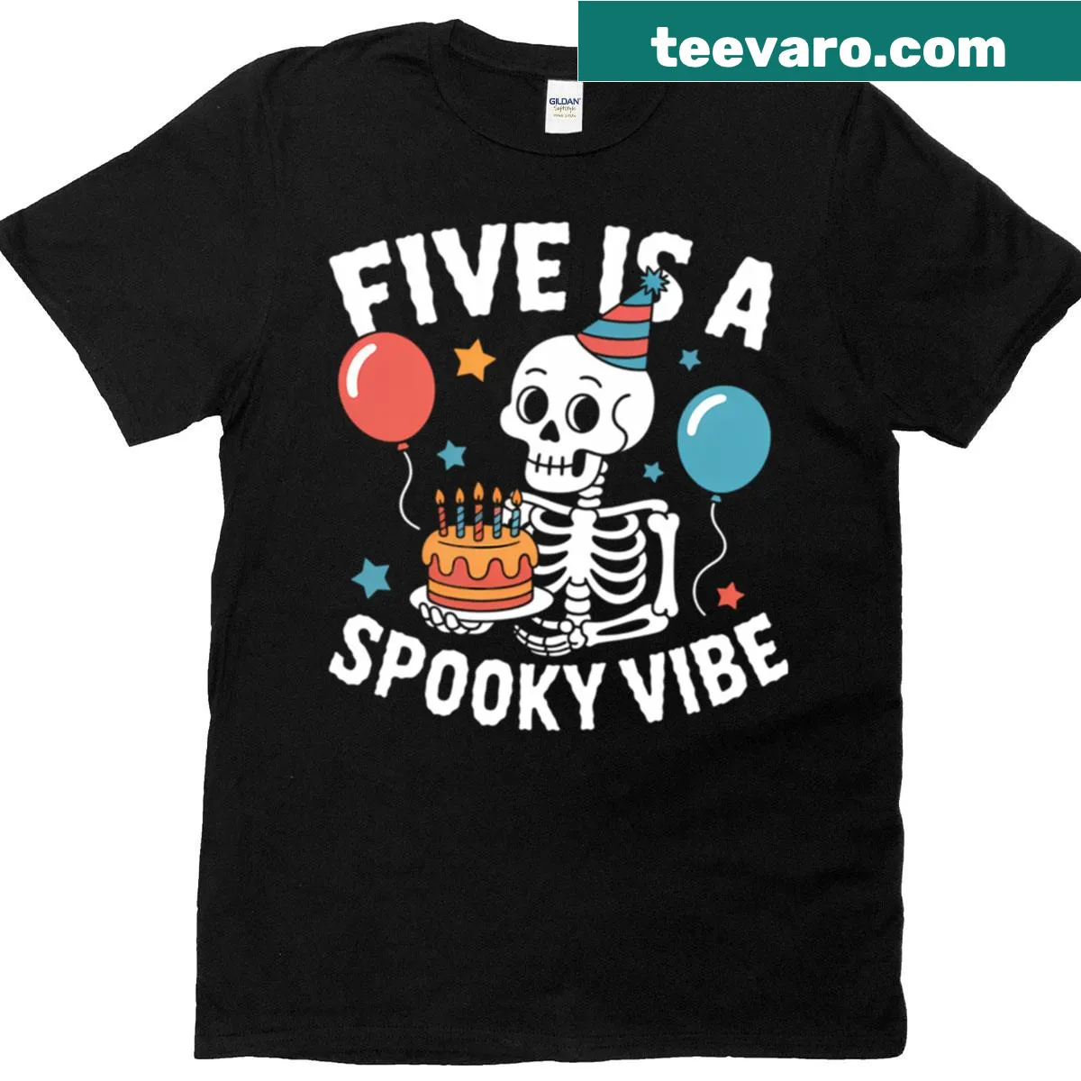 Halloween-themed birthday T-shirt for kids turning five — on a men's t-shirt