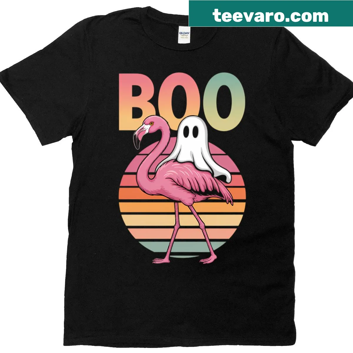 Whimsical flamingo ghost design for Halloween on a T-shirt — on a men's t-shirt