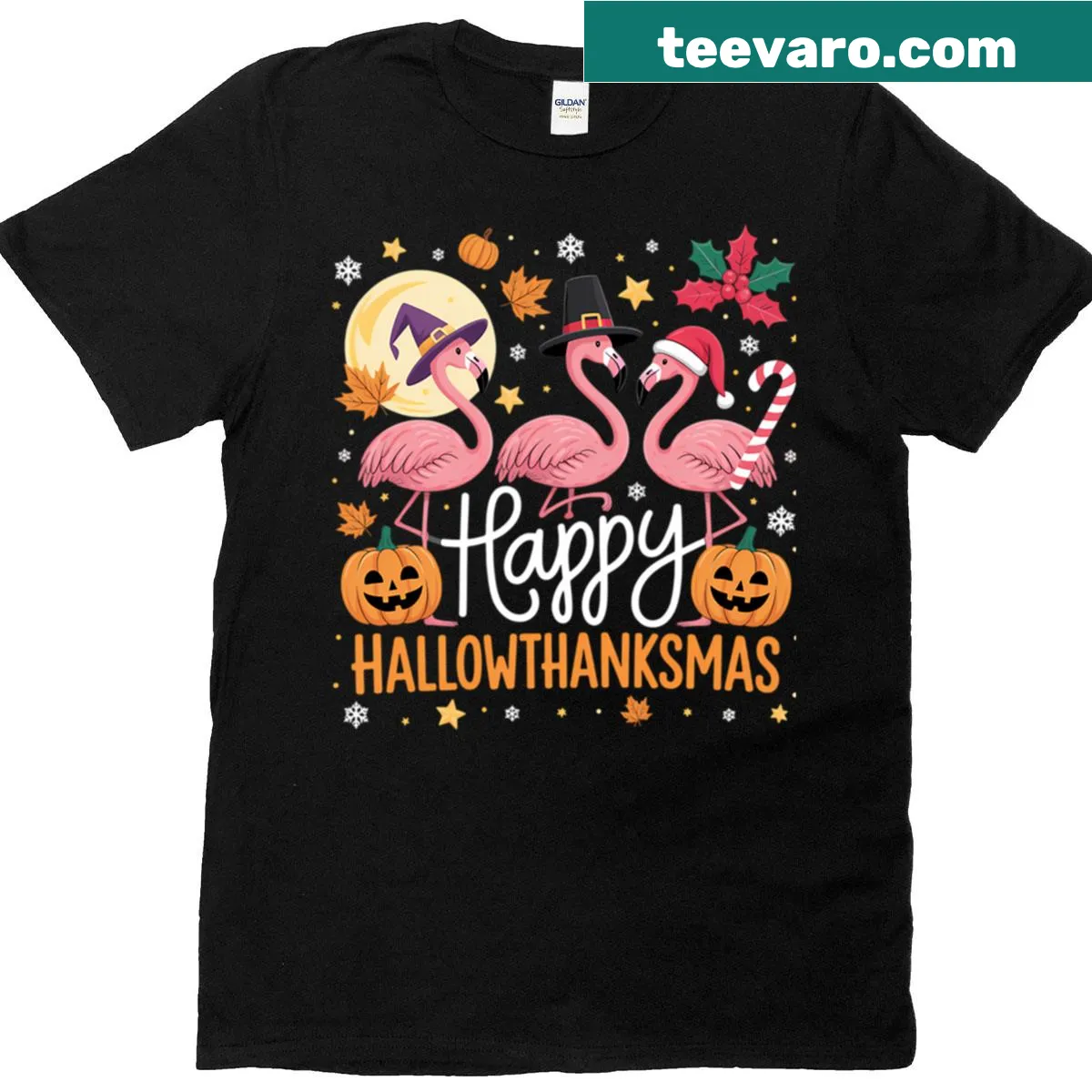 Quirky T-shirt with 'Happy Hallothanksmas' and flamingo graphics — on a men's t-shirt