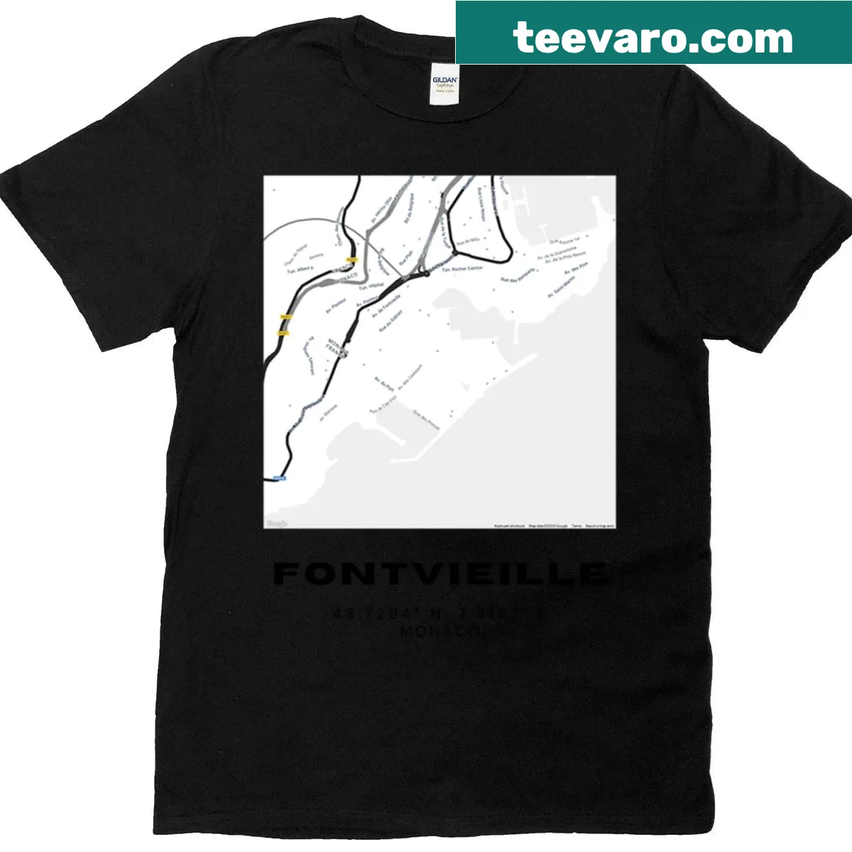 Minimalist map print design of Fontvieille, Monaco on a T-shirt — on a men's t-shirt