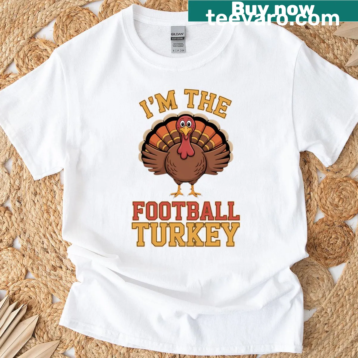 Illustration of a turkey in football gear on a Thanksgiving T-shirt — on a men's t-shirt