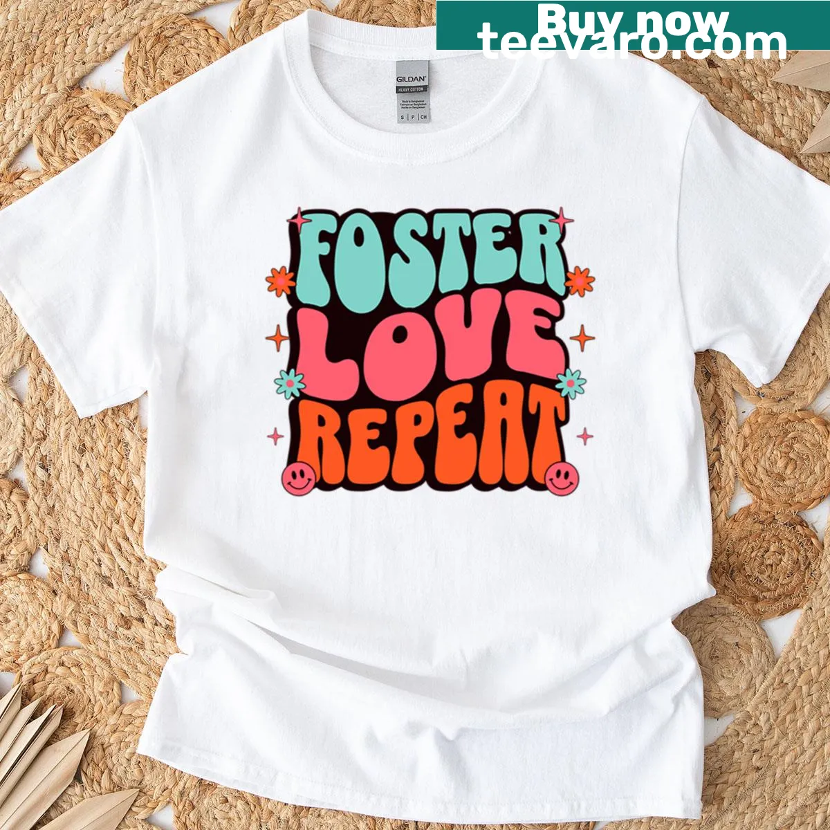 Groovy retro Foster Love Repeat t-shirt with a simple message — on a men's t-shirt