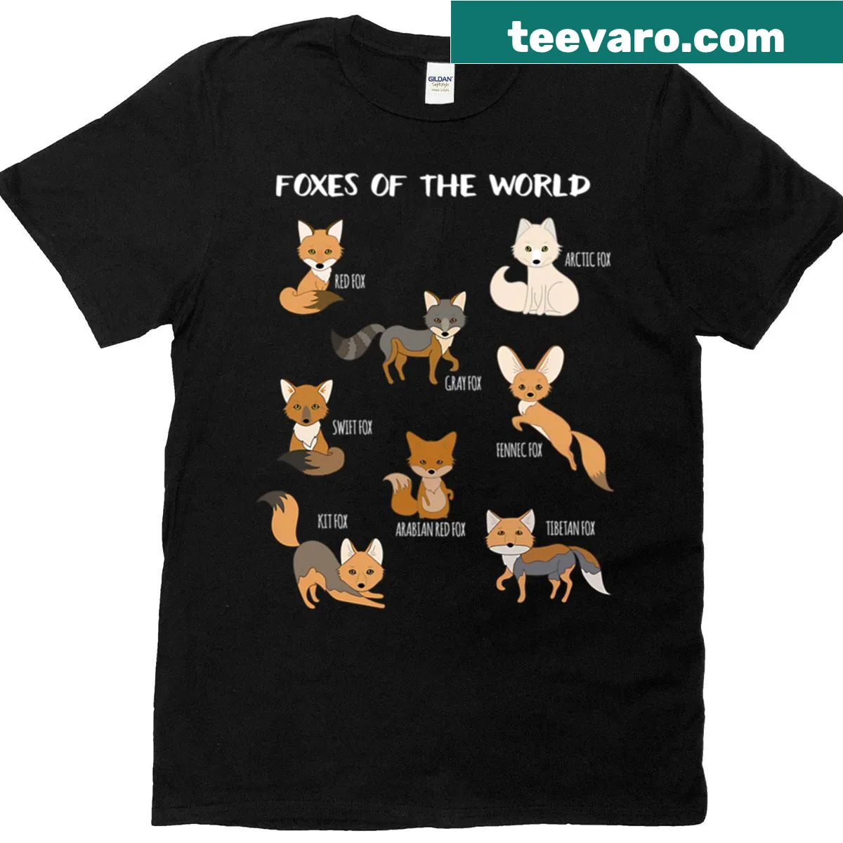 Funny T-shirt with various fox illustrations and educational theme — on a men's t-shirt