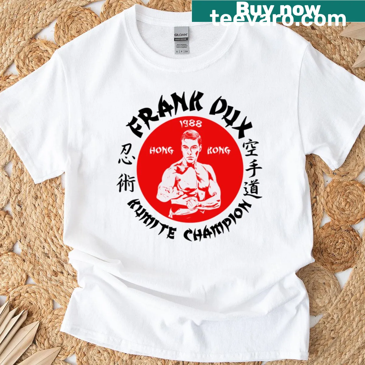 Bloodsport t-shirt featuring Frank Dux Kumite Champion text — on a men's t-shirt