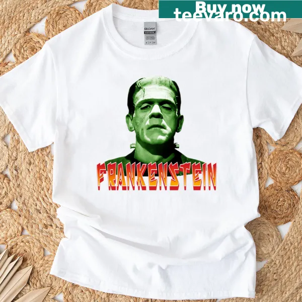 Retro portrait of Frankenstein's monster in green on this horror T-shirt.