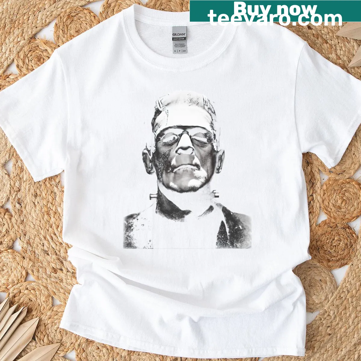 Black and white portrait of Frankenstein's monster on a t-shirt. — on a men's t-shirt