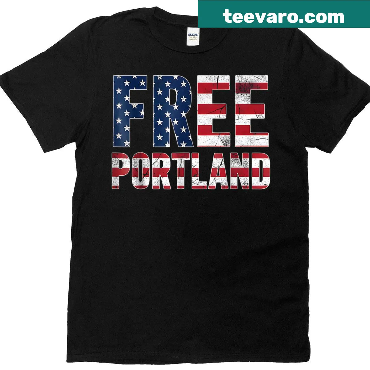 Patriotic T-shirt featuring the USA flag and 'Free Portland' text — on a men's t-shirt