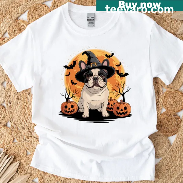 Cartoon French Bulldog in a witch hat with pumpkins for Halloween