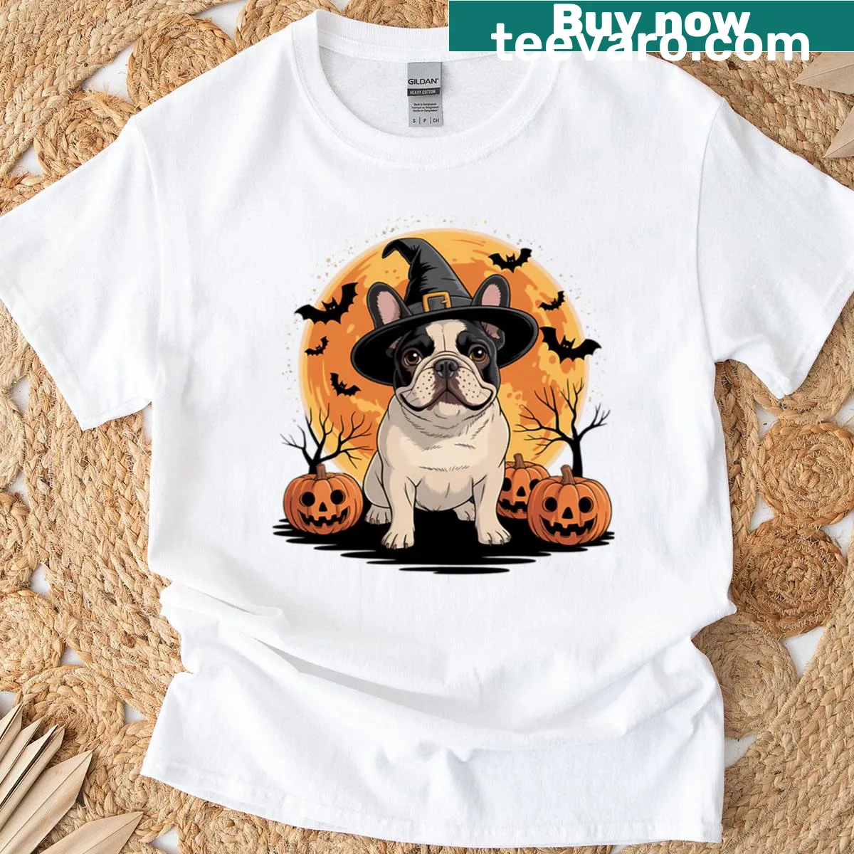 Cartoon French Bulldog in a witch hat with pumpkins for Halloween — on a men's t-shirt