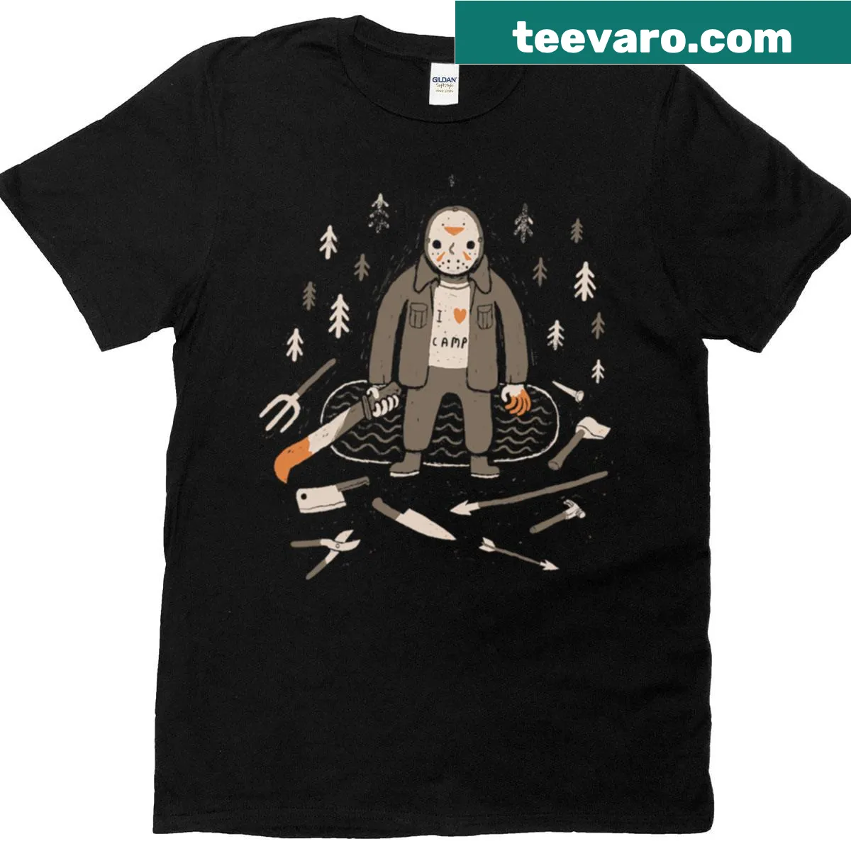 Playful 'I Heart Camp' graphic with horror elements for camp lovers — on a men's t-shirt