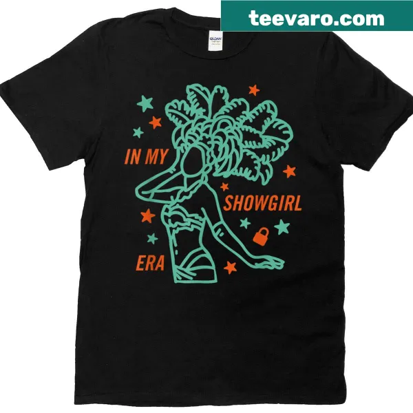 Playful showgirl-themed t-shirt with whimsical graphics