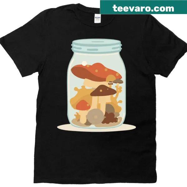 T-shirt featuring an illustration of fungi in a jar