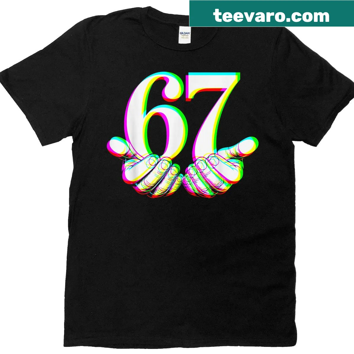 Graphic tee featuring the phrase '67' with a hand sign, aimed at kids — on a men's t-shirt