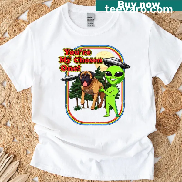 Cartoon Bull Mastiff alien chosen one t-shirt for dog lovers.