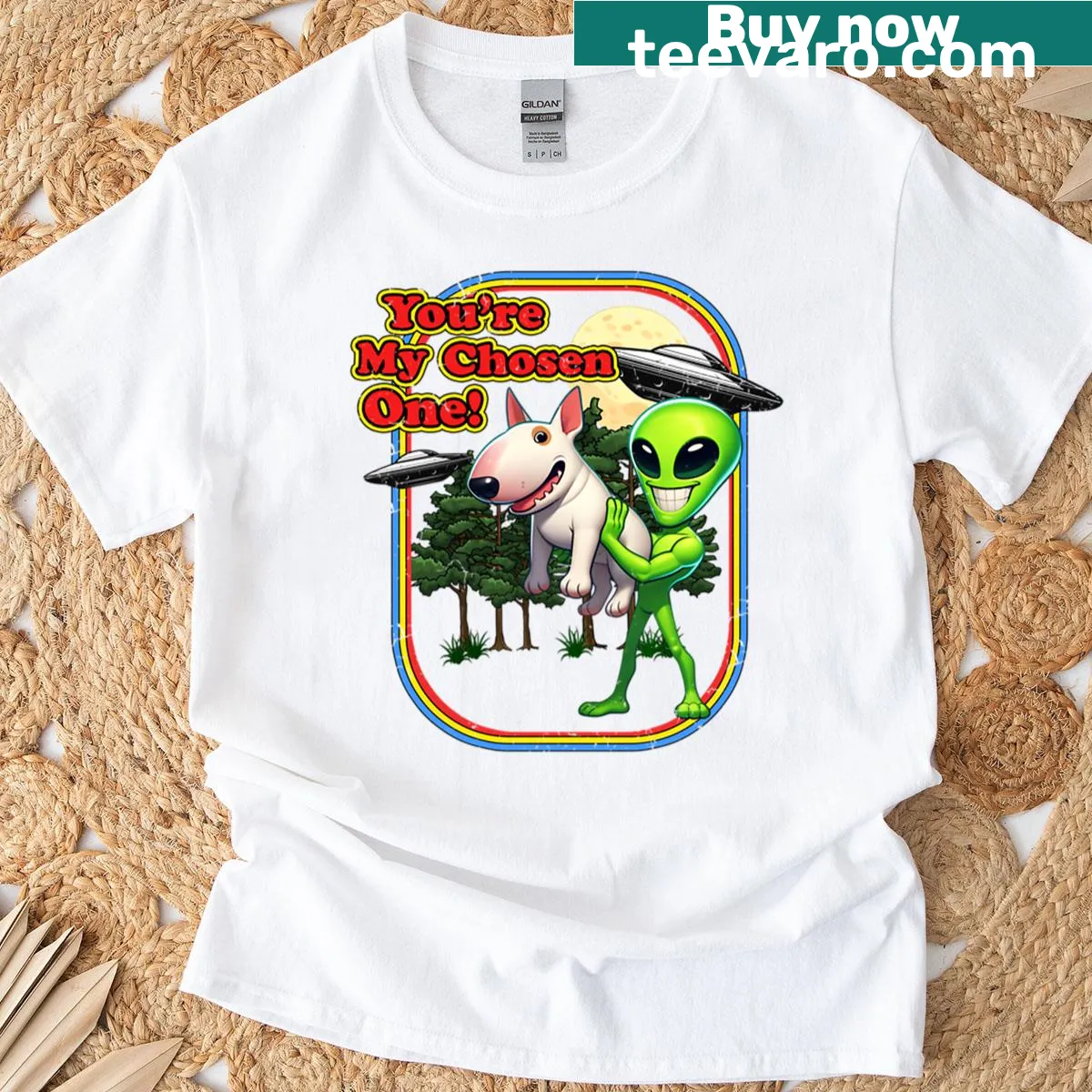 Funny Bull Terrier T-shirt featuring an alien chosen one with UFO — on a men's t-shirt
