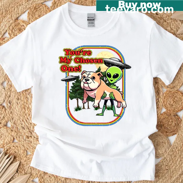 Cartoon-style T-shirt featuring a funny bulldog as an alien